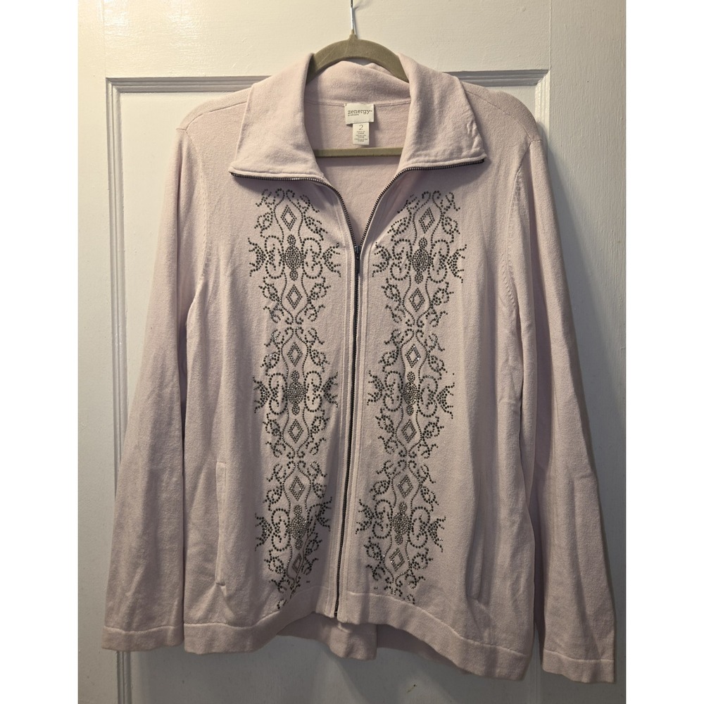 Zenergy by Chico's Lavender Rhinestone Full Zip Collared Sweatshirt Women's 2/12